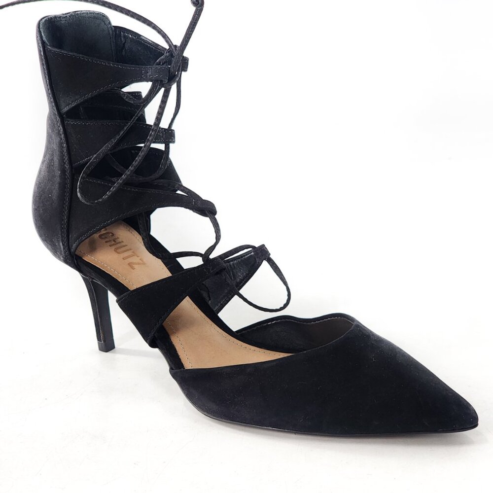 SCHUTZ Black Pointed Toe Suede Lace Up Heels